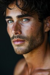 AI generated illustration of a close-up portrait of a male model with freckles and blue eyes
