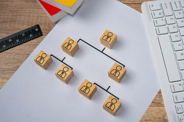 Company hierarchical organizational chart using wooden blocks with copy space.