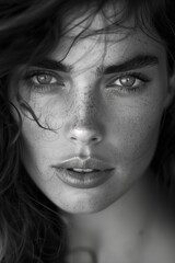 Fototapeta premium AI generated illustration of a black and white close-up portrait of a young woman with freckles