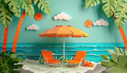 3d paper paradise bright sunny colors island beach umbrella two lounge chairs tropical beach background copy space