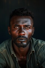 Obraz premium AI generated illustration of a close-up portrait of a young African man with intense gaze