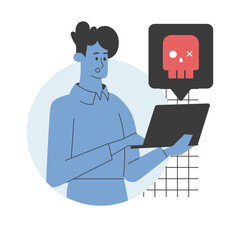 Illustration of a man holding a laptop with a red virus warning icon, representing cyber attacks, malware threats, and cybersecurity. Highlights online safety, data protection, and virus alerts.