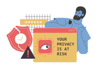 Man with a smartphone, a broken shield, and a warning message indicating 'Your Privacy is at Risk'. Highlights the importance of internet security, data protection, and online privacy. Vector.