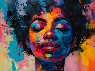 Abstract painting concept. Colorful art portrait of a black woman Oil color painting. Generative AI.