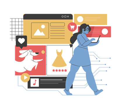 Illustration of a woman using a laptop surrounded by digital content, social media icons, and online shopping elements. Highlights online activity, digital footprint, and e-commerce