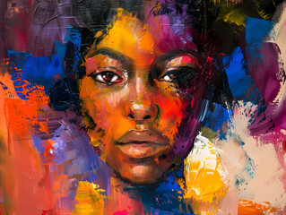 Abstract painting concept. Colorful art portrait of a black woman Oil color painting. Generative AI.