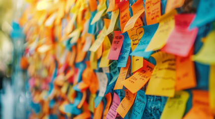 Sticky Note Post It Board Office. Business people meeting at office and use post it notes to share idea. Brainstorming concept. Sticky note on glass wall or blackboard. Set of colorful blank notes.	
