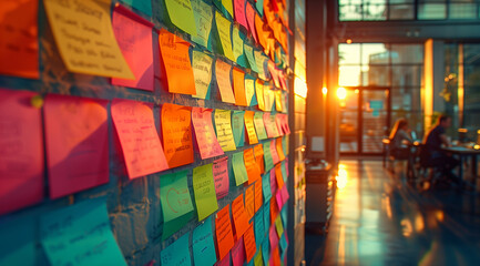 Sticky Note Post It Board Office. Business people meeting at office and use post it notes to share idea. Brainstorming concept. Sticky note on glass wall or blackboard. Set of colorful blank notes.	
