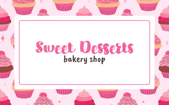 pink cupcakes frame, horizontal border with sweets, desserts, bakery template, place for text with border, cupcakes, muffins with frosting, cream, vector illustration
