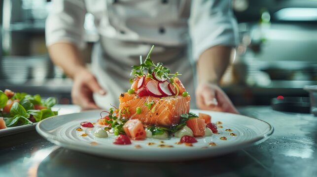 Culinary Delight Artfully Plated Signature Dish on Polished Marble Podium in Natural Light