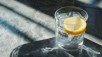 Minimalist glass tumbler filled with water and slice of lemon