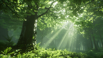 Obraz premium Sunlight Filtering Through Lush Forest Foliage background 