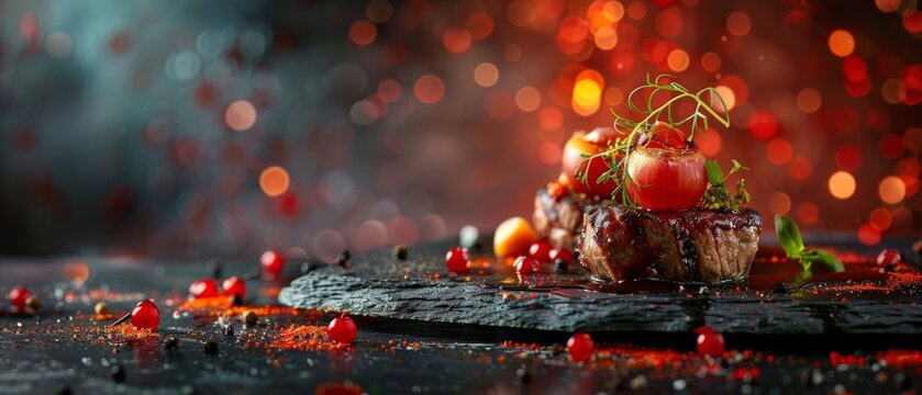 Exquisite Gourmet Dishes on Elegant Stone Podium with Chef's Special Presentation in Illuminated Setting