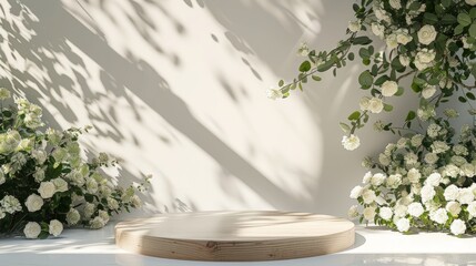 Wooden podium with white roses on background