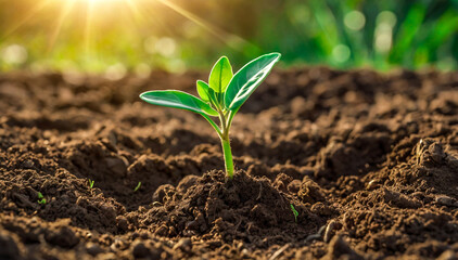 Fototapeta premium A young seedling sprouts from fertile soil, bathed in warm sunlight.symbolizing new life and growth in harmony with nature. Ideal for ecology, sustainability, and environmental awareness themes.