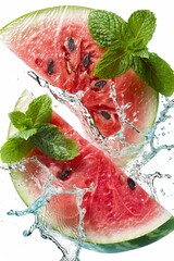 Watermelon and mint on water splash, abstract in bright colours, minimalist style, on white glass solid background, vertical