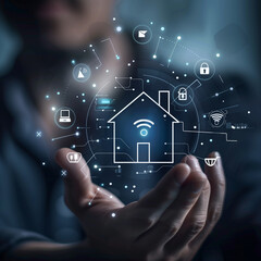 Smart Home Technology Businessman Touching the Home Automation Icon and Global Technological Networking. Connected Devices, Smart Systems, Intelligent Living 