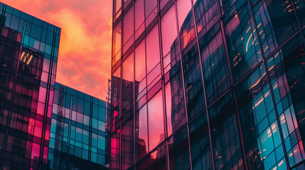 A vibrant cityscape with glass buildings reflecting the pink and blue hues of a dramatic sunset