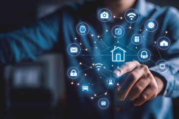 Smart Home Technology Businessman Touching the Home Automation Icon and Global Technological Networking. Connected Devices, Smart Systems, Intelligent Living 