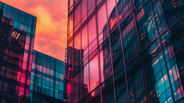 A vibrant cityscape with glass buildings reflecting the pink and blue hues of a dramatic sunset