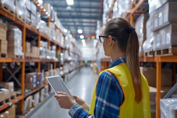 Warehouse worker viewing inventory on tablets - aisle view