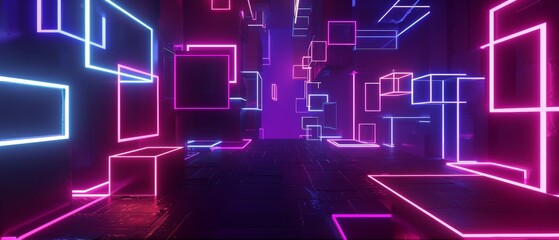Futuristic Virtual Reality Portal with Abstract 3D Shapes and Radiant Neon Outlines