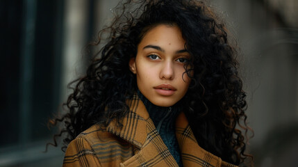 Stylish young woman with curly hair wearing a plaid jacket