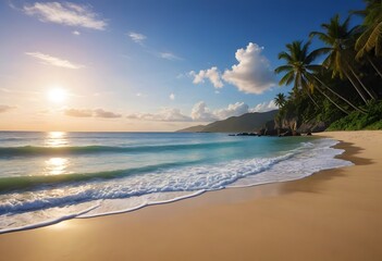 arafed view of a beach with a few palm trees and a blue sky