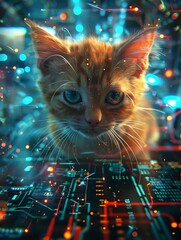 Futuristic anime-style cybernetic cat in a digital environment,surrounded by glowing data streams and illuminated by a high angle perspective.