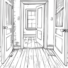 Empty rooms in farmhouse style for kids coloring book, black vector illustration on white background