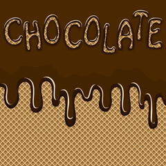 Wafer background with chocolate text.Flowing chocolate with text on waffle background in color vector illustration.