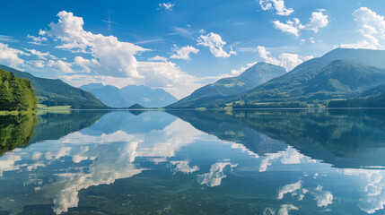 Obraz premium Scenic view of Astberg reservoir in Tirol with mountain reflections