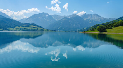 Fototapeta premium Scenic view of Astberg reservoir in Tirol with mirror-like reflection