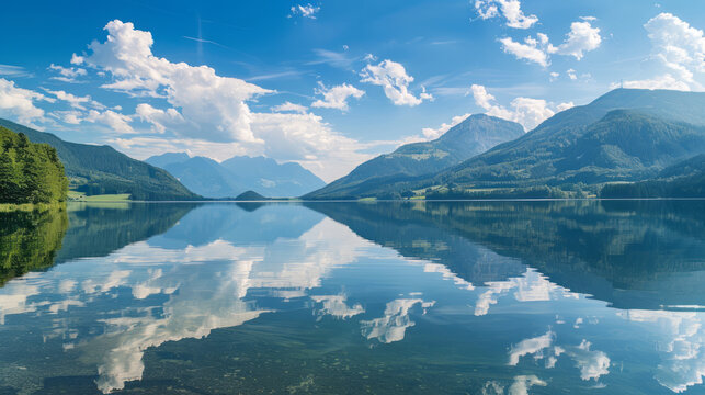Scenic view of Astberg reservoir in Tirol with mountain reflections