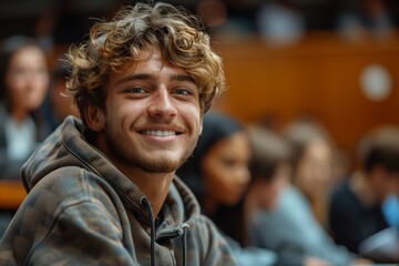 A young male student with curly hair smiles at the camera while sitting in a university classroom - Powered by Adobe