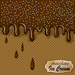 Wafer background with chocolate drips.Vector illustration with waffle background and drips of chocolate ice cream with decor.