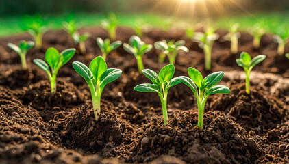 A young seedling sprouts from fertile soil, bathed in warm sunlight.symbolizing new life and growth in harmony with nature. Ideal for ecology, sustainability, and environmental awareness themes.