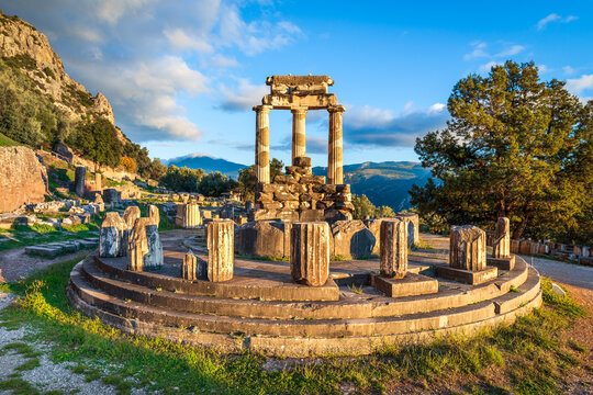 Ruins of the Temple of Athena Pronaia in ancient Delphi, Greece