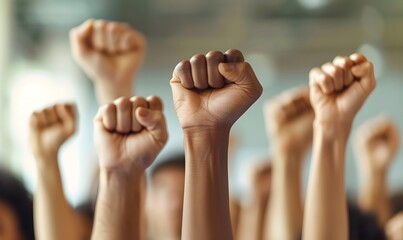 Close up of multiethnic people's hands raising fists in the air, Generative AI