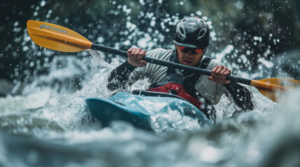 Kayak slalom athlete racing, depicted with intense focus and precision, skillfully navigating through turbulent waters and around obstacles, the vibrant colors of the kayak and gear contrasting.