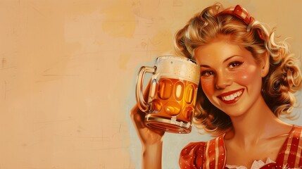 A vintage style illustration of a smiling girl holding a traditional beer mug