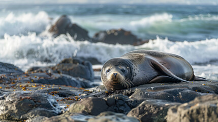 Seal resting on coastal rocks with crashing waves