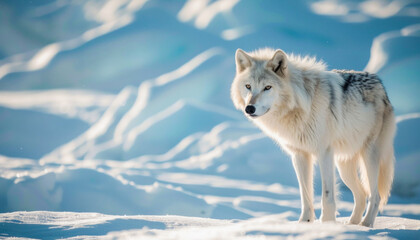 Fototapeta premium A white wolf is seen standing in the snow, gazing at the camera in this winter scene