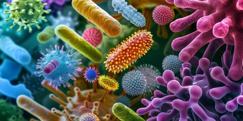 Naklejka premium A microscopic view of colorful bacteria and microorganisms, highlighting the diversity of microscopic life