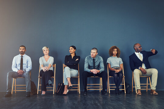 Business people, hiring and waiting in row for interview with recruitment process or employment opportunity. Diverse group, job seeker and impatient in line for HR meeting with mockup space or banner