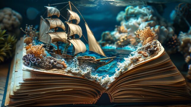 A magical book with a threedimensional scene of a sailing ship and underwater world coming to life