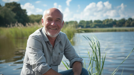 Fototapeta premium Smiling mature man sitting near lake on a sunny day