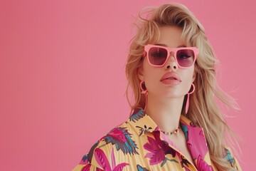 Obraz premium Beautiful blonde woman in sunglasses and 90s clothes on pink background