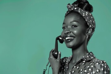 Vintage retro fashion portrait of smiling African girl on green background.
