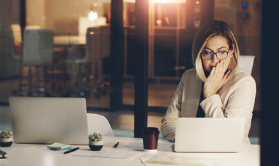 Corporate, woman and laptop in office at night for legal case, deadline and reading client...
